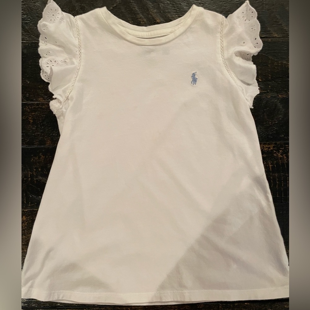 Gently worn Ralph Lauren Polo girls size 6 white capped eyelet sleeves t-shirt.